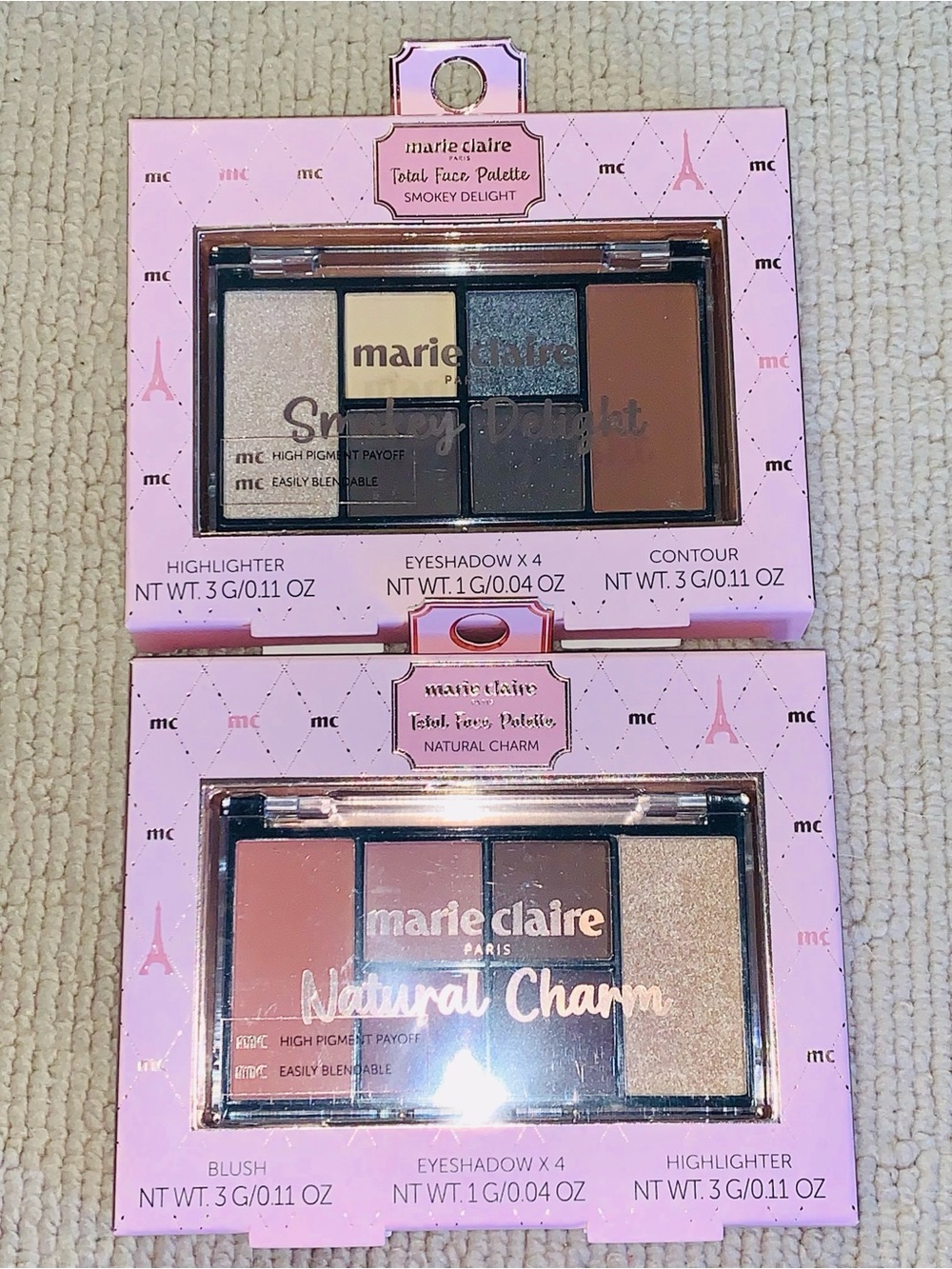 Lot of 2 Marie Claire Paris Beauty Face Palettes-Natural Charm and Smoky Delight